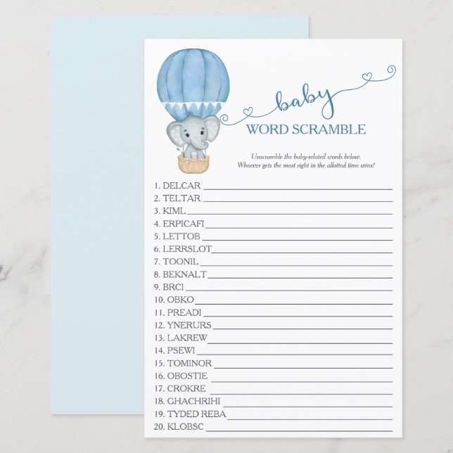 Blue Elephant Baby Boy Shower Word Scramble Game (Front/Back)