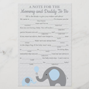 Blue Elephant Baby Shower Advice Game Cards