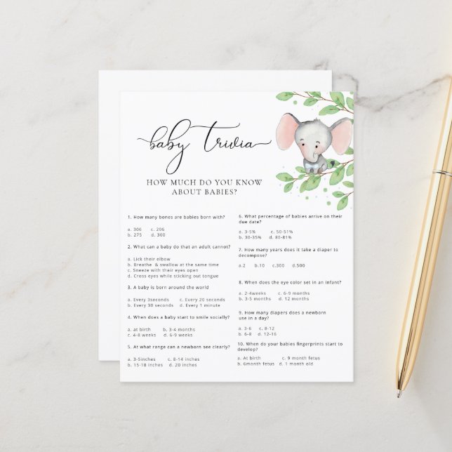  Blue Elephant Baby Shower Baby Trivia Game (Front/Back In Situ)