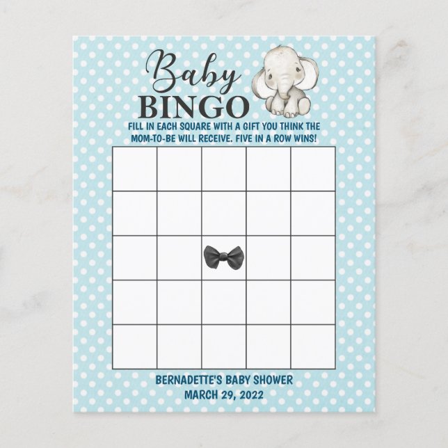 Blue Elephant Baby Shower Bingo (Front)