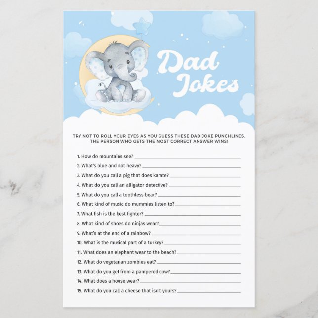 Blue Elephant Baby Shower Dad Jokes Game (Front)