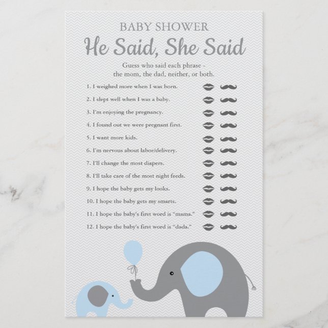 Blue Elephant Baby Shower He Said She Said Game Flyer (Front)
