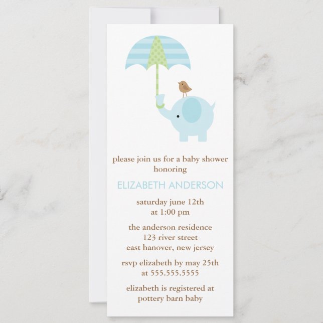 Blue Elephant Baby Shower Invitation (Front)