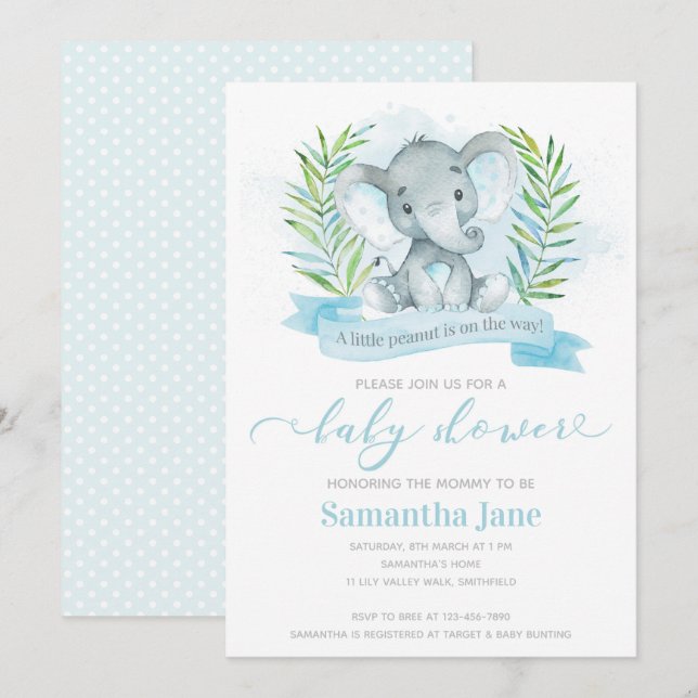 Blue Elephant Baby Shower Invitation (Front/Back)