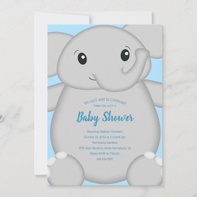 Blue Elephant Baby Shower Invitation (Front)
