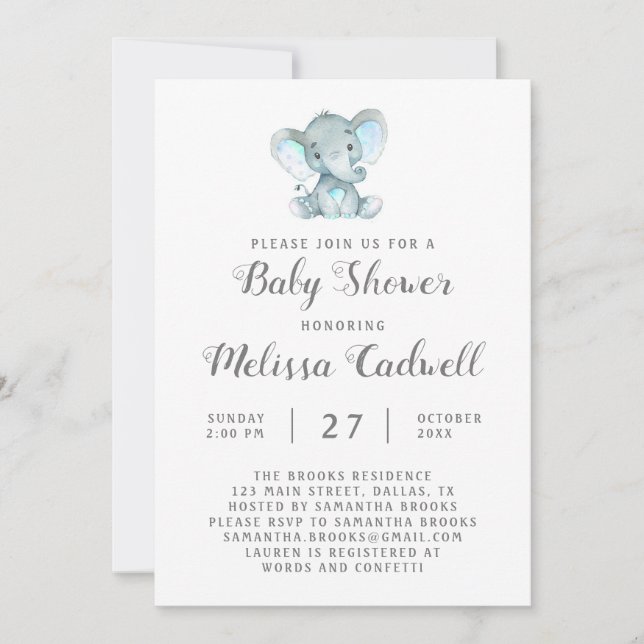 Blue Elephant Baby Shower Invitation, Boy Invitation (Front)