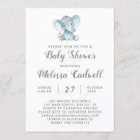 Blue Elephant Baby Shower Invitation, Boy