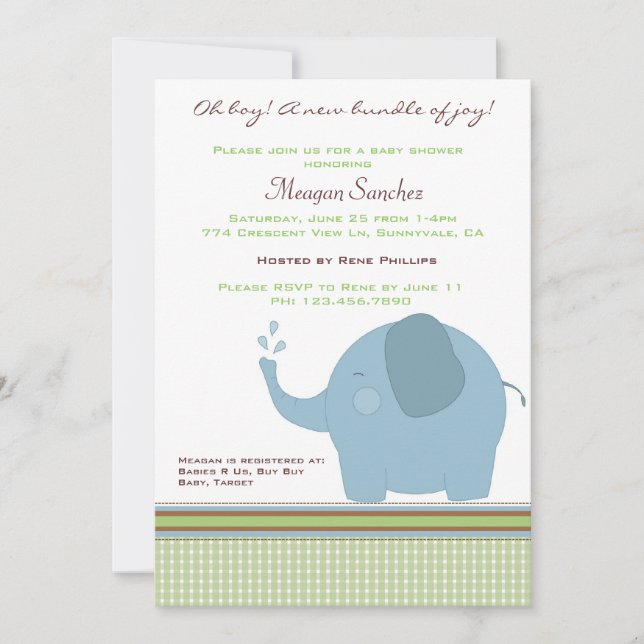 Blue Elephant Baby Shower Invite (Front)