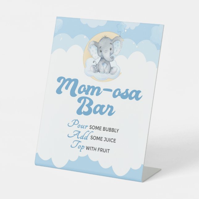 Blue Elephant Baby Shower Momosa Bar Pedestal Sign (Front)