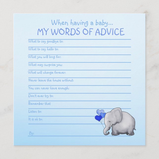 Blue Elephant Baby shower Mots de conseil pour béb (Devant)