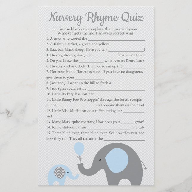 Blue Elephant Baby Shower Nursery Rhyme Quiz Game Flyer (Front)