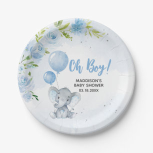 Blue Elephant Baby Shower Paper Plate