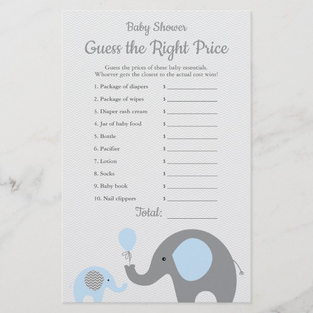 Blue Elephant Baby Shower Price is Right Game Flyer (Front)
