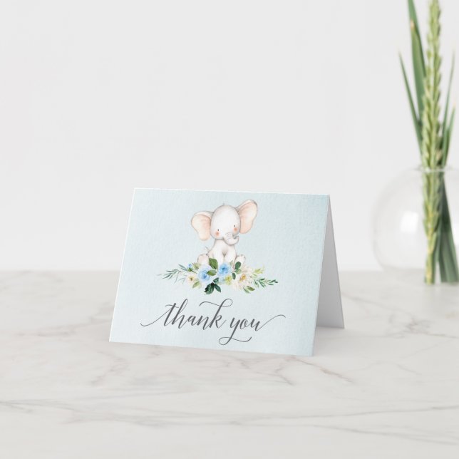 Blue Elephant Baby Shower Thank You Cards (Front)