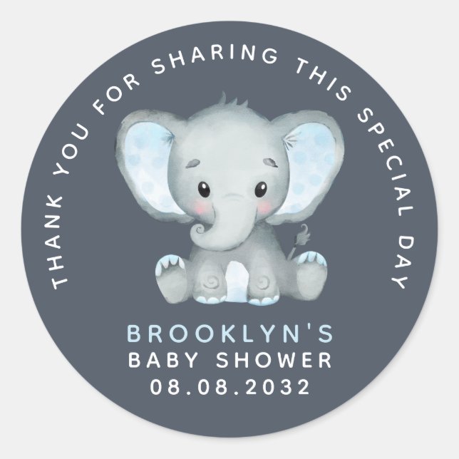 Blue Elephant Baby Shower Thank You Classic Round  Classic Round Sticker (Front)