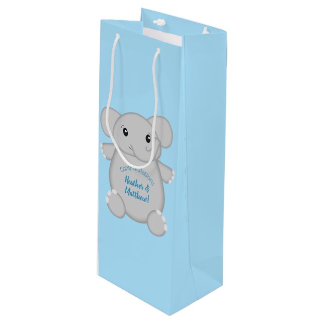 Blue Elephant Baby Shower Wine Gift Bag (Front Angled)