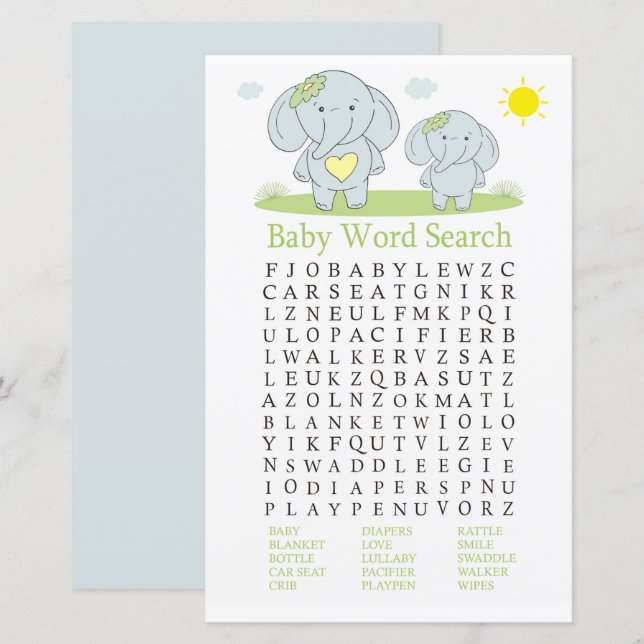 Blue elephant Baby Shower Word Search Game (Front/Back)