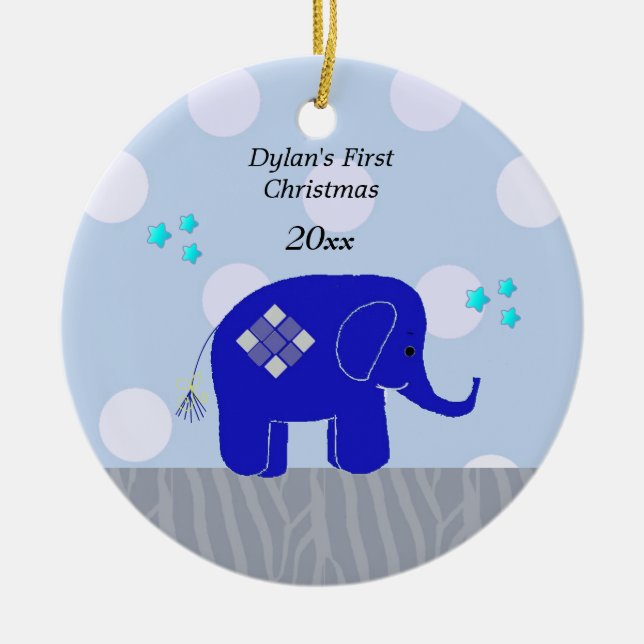 Blue Elephant Baby's First Christmas Ceramic Ornament (Front)