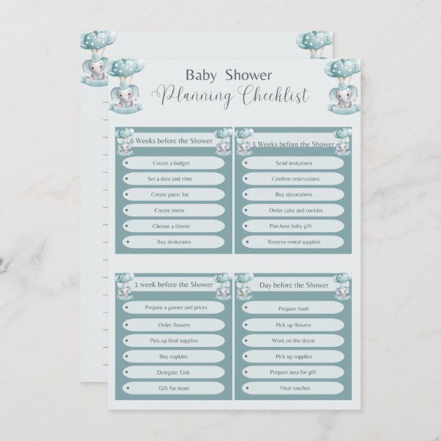 Blue Elephant Balloon Baby Boy Shower Checklist Invitation (Front/Back)