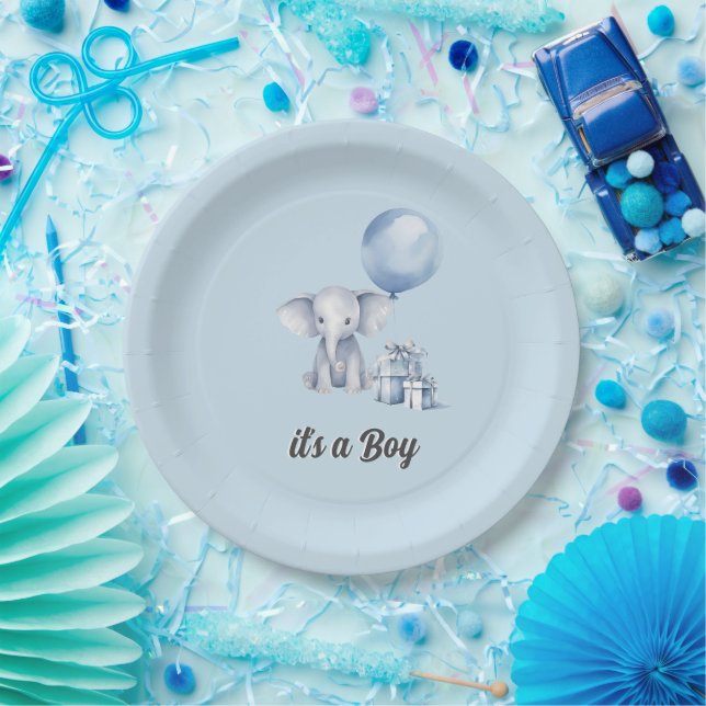 Blue Elephant & Balloon Baby Shower Paper Plate (Party)
