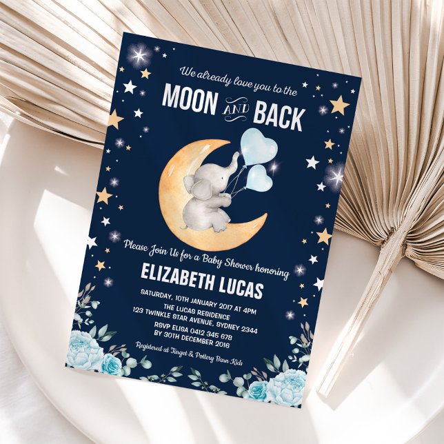 Blue Elephant Balloon Moon & Back Boy Baby Shower Invitation (Creator Uploaded)