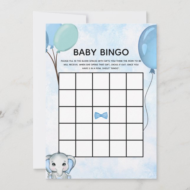 Blue Elephant Balloons Baby Shower Baby Bingo Card (Front)
