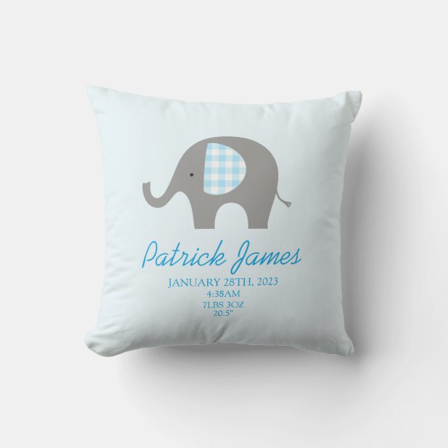 Blue Elephant Birth Stat Boy Baby Nursery Throw Pillow (Front)