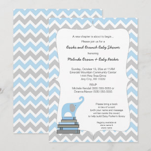 Blue Elephant Book Baby Shower, books and brunch Invitation
