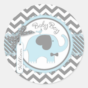 Blue Elephant Bow-tie Chevron Print Baby Shower Classic Round Sticker