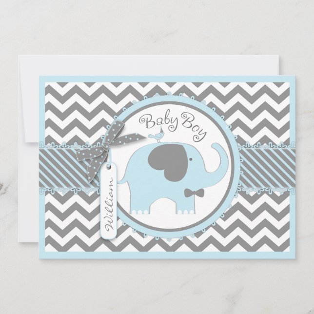 Blue Elephant Bow Tie Chevron Print Baby Shower Invitation (Front)