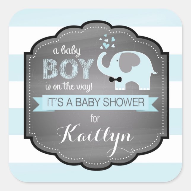 Blue Elephant Bow-tie Stripe Baby Shower Square Sticker (Front)