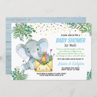 Blue Elephant boy baby shower by mail greenery Invitation