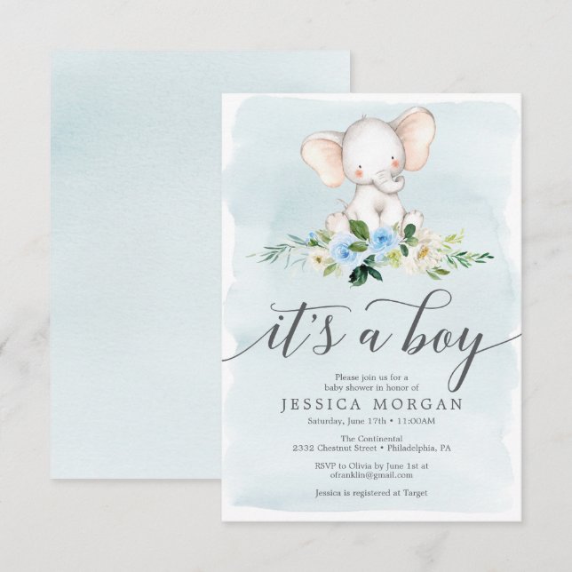 Blue Elephant Boy Baby Shower Invitation Card (Front/Back)