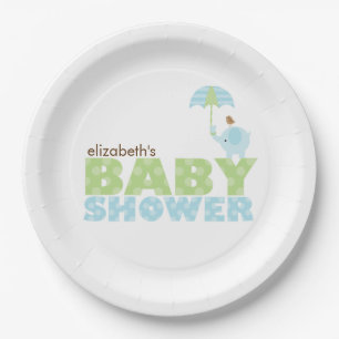 Blue Elephant Boy Baby Shower Paper Plate