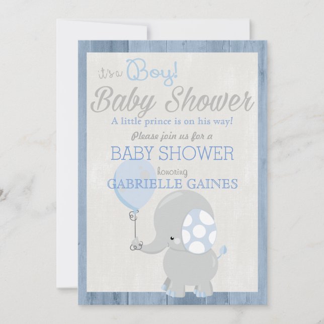 Blue Elephant Boy Baby shower Pays Invitation (Devant)