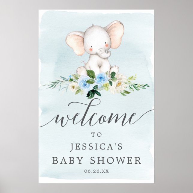 Blue Elephant Boy Baby Shower Welcome Sign (Front)