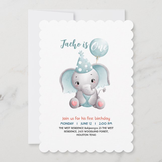 Blue Elephant boyl 1er invitation fête d'anniversa (Devant)