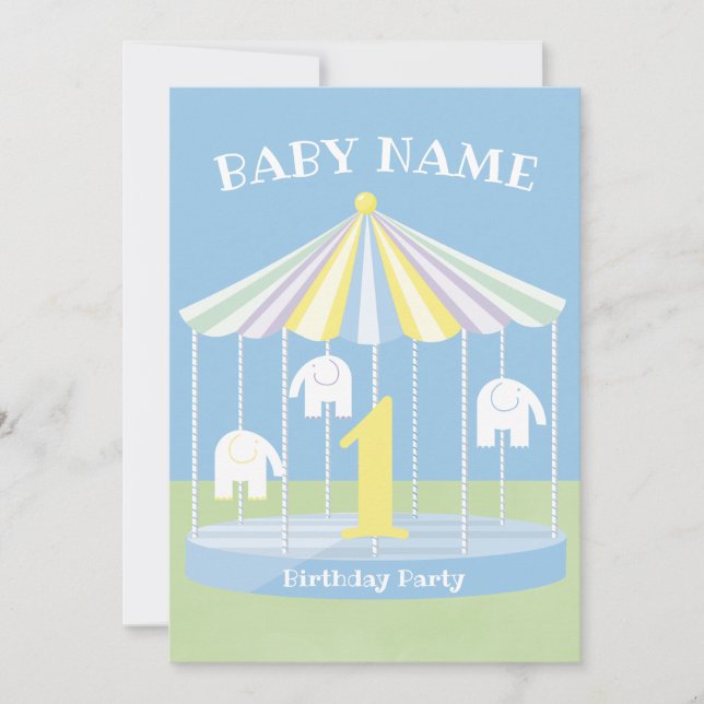 Blue Elephant Carousel 1st Birthday Party Invitation (Front)