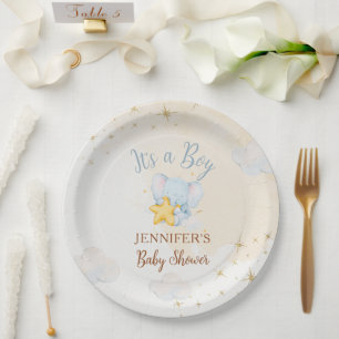 Blue Elephant Cloud Baby Shower Paper Plates