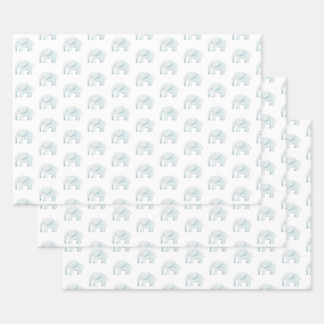 Blue Elephant Cute Boy Baby Shower Baby Boy Wrapping Paper Sheet (Set)
