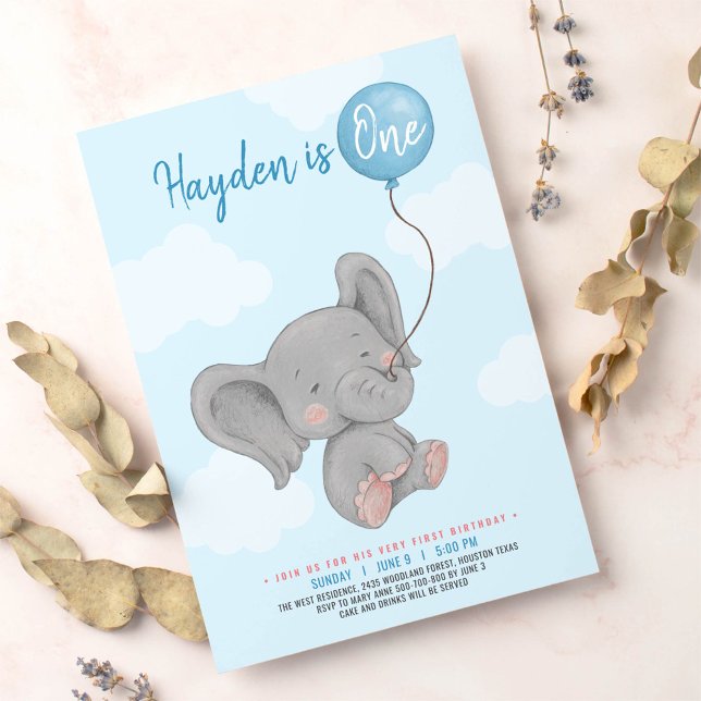 Blue Elephant first birthday party Invitation (Creator Uploaded)