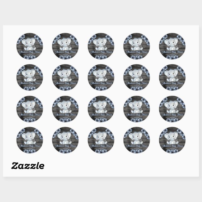 Blue Elephant Floral Baby Shower Round Sticker (Sheet)