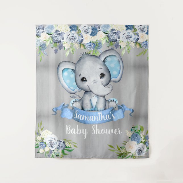 Blue Elephant Floral Photo Backdrop Baby Shower  Tapestry (Front)