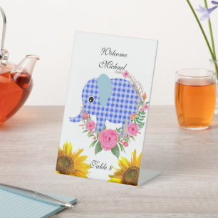 Blue Elephant Floral Rose Pedestal Sign
