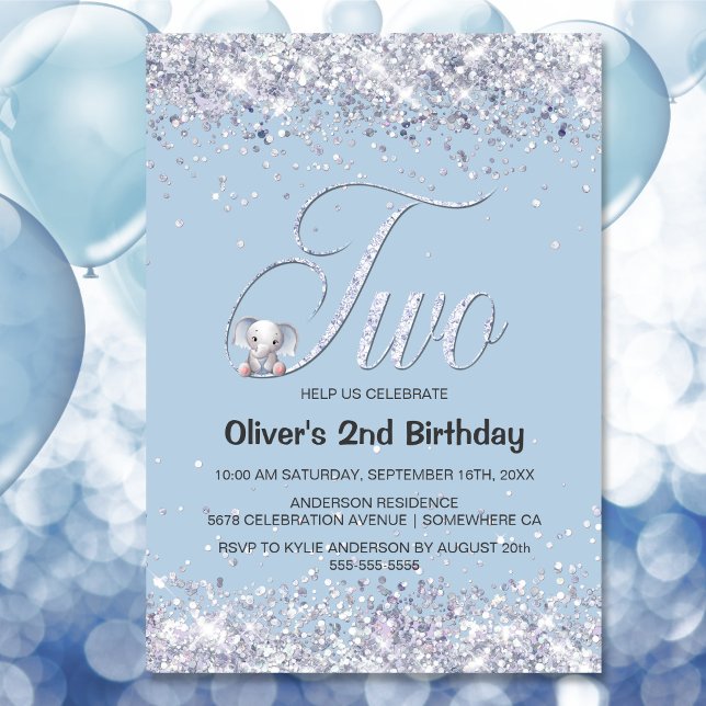 Blue Elephant Glitter 2nd Birthday Party Invitation (Creator Uploaded)