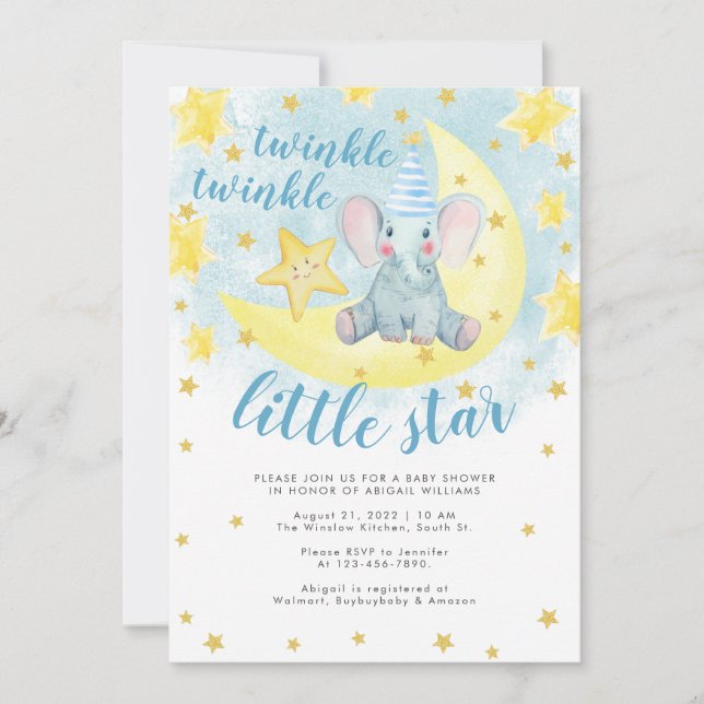 Blue Elephant Gold Twinkle Little Star Baby Shower Invitation (Front)