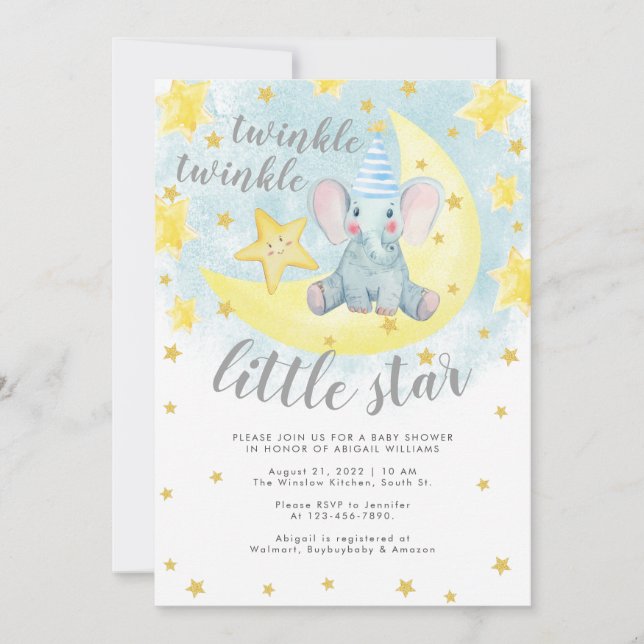 Blue Elephant Gold Twinkle Little Star Baby Shower Invitation (Front)