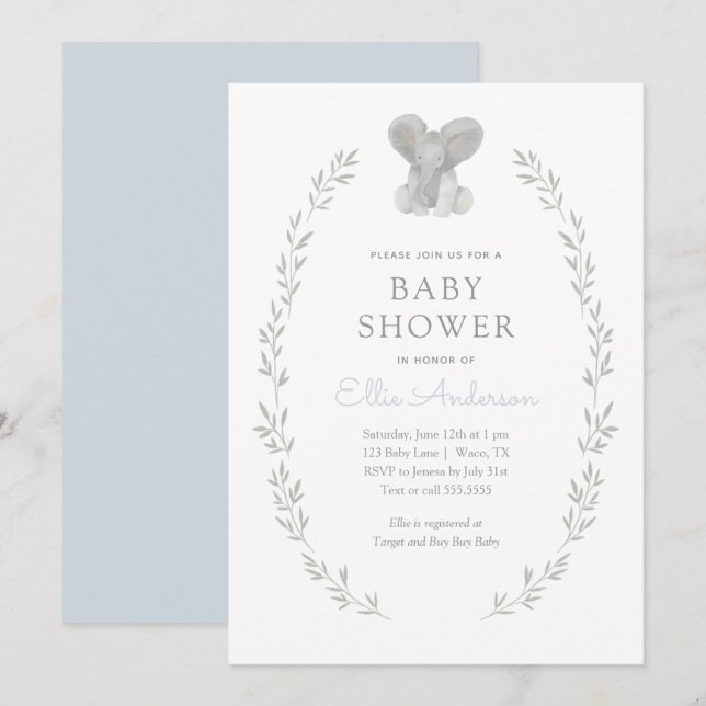 Blue Elephant Greenery Boy Baby Shower Invitation (Front/Back)