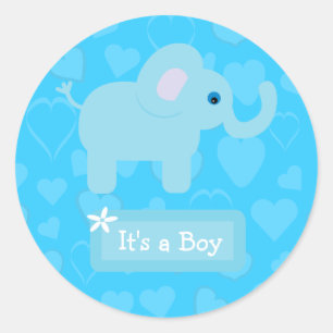 Blue Elephant & Hearts Baby Boy Announcement Classic Round Sticker