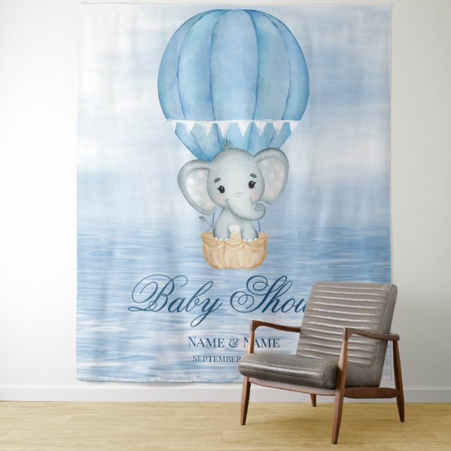 Blue Elephant Hot Air Balloon Backdrop Tapestry (In Situ)